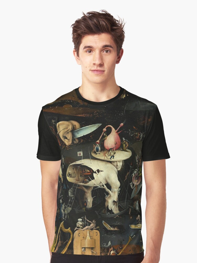 Hieronymus Bosch surreal "Hell" graphic t-shirt featuring fantastical and bizarre elements from the artist's famous painting. - Men