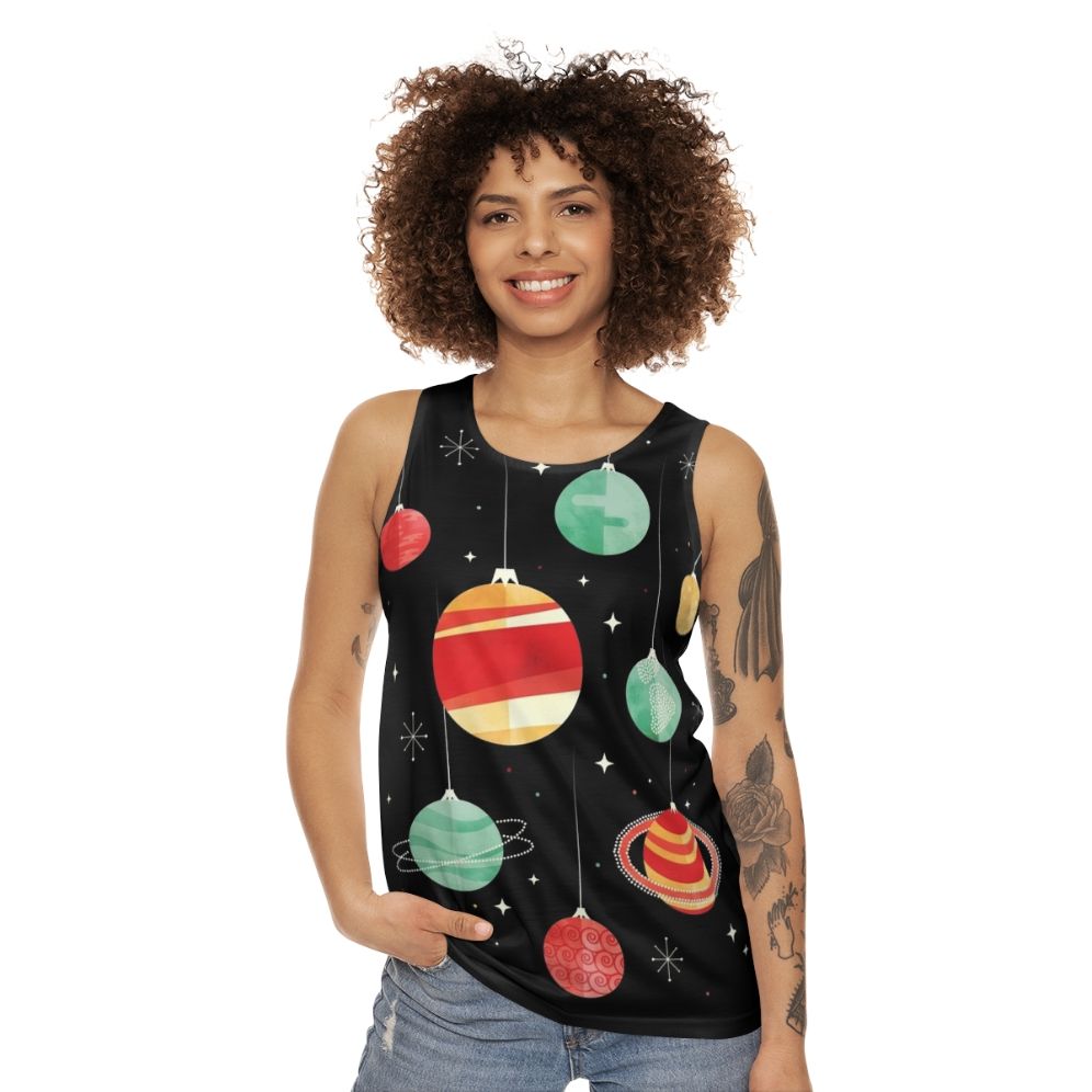 Unisex tank top with cosmic and holiday-inspired design - women