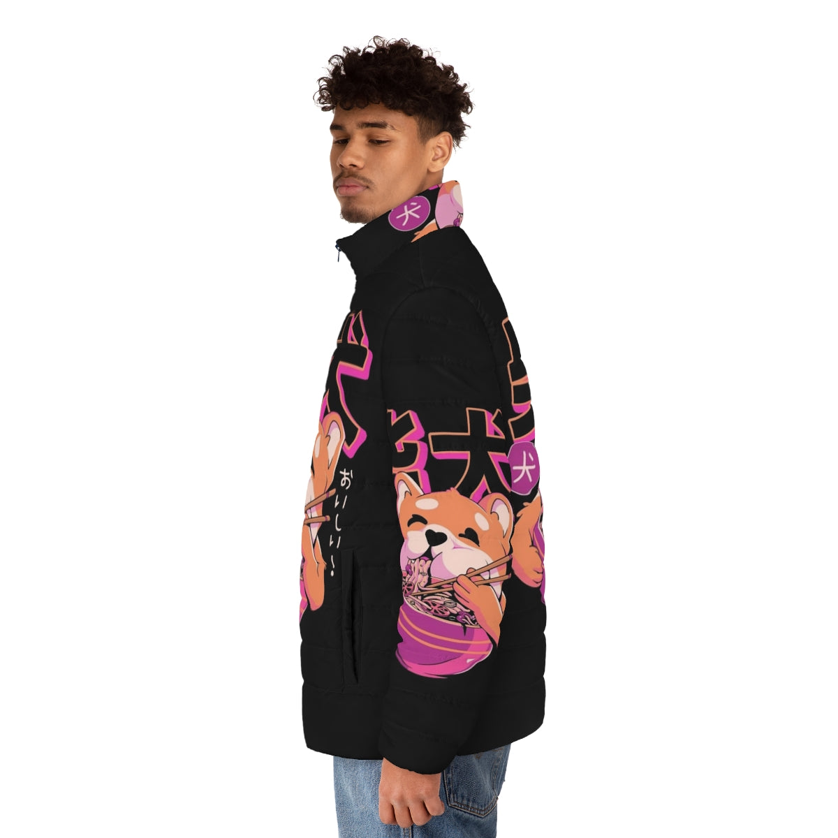 Shiba Noodles Puffer Jacket featuring a cute Shiba Inu dog and Japanese ramen noodles design - men side left