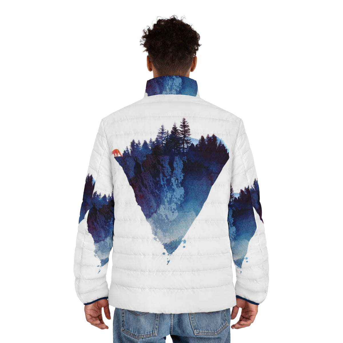 Watercolor-inspired puffer jacket featuring a fox design in a forest setting - men back