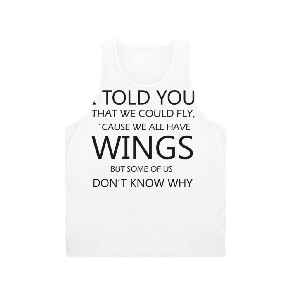 Unisex retro-style tank top with "Never Tear Us Apart" music quote