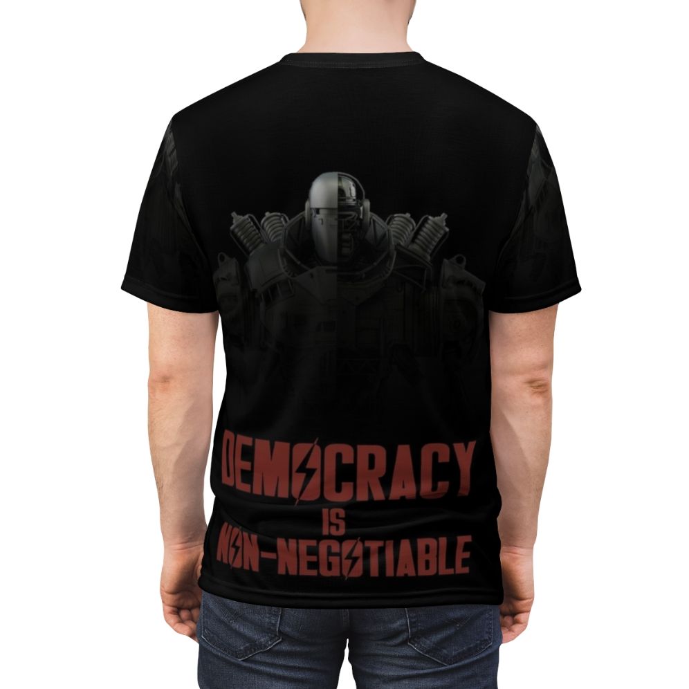 Fallout Liberty Prime AOP T-shirt featuring the iconic robot character from the Fallout video game series. - men back