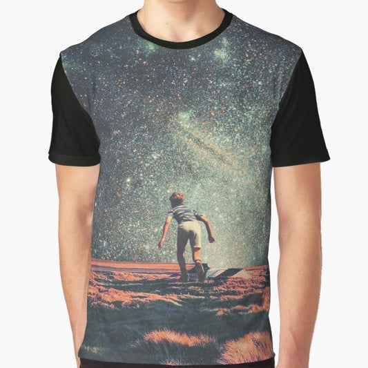 Retro, nostalgic graphic t-shirt featuring a collage-style design with pop art elements, space, and nature scenes.