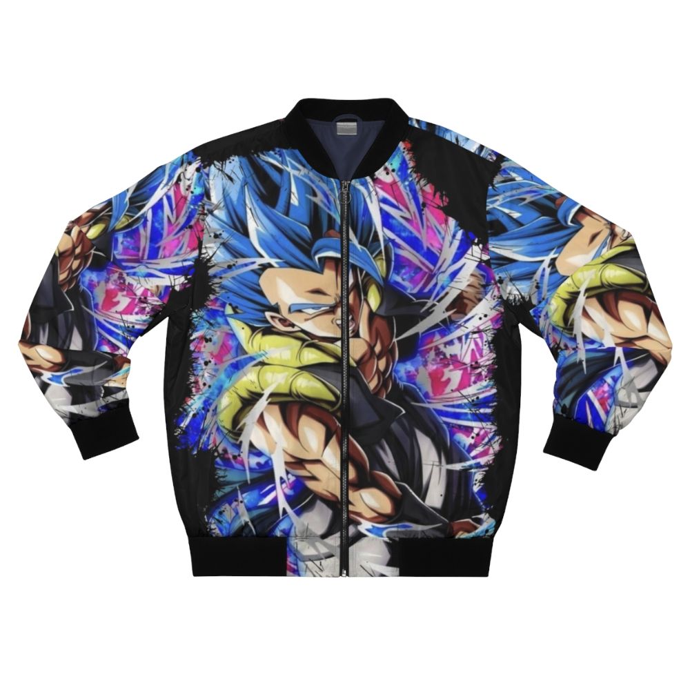 A bomber jacket featuring the character Gogeta from the Dragon Ball Z anime series in his blue super saiyan form.