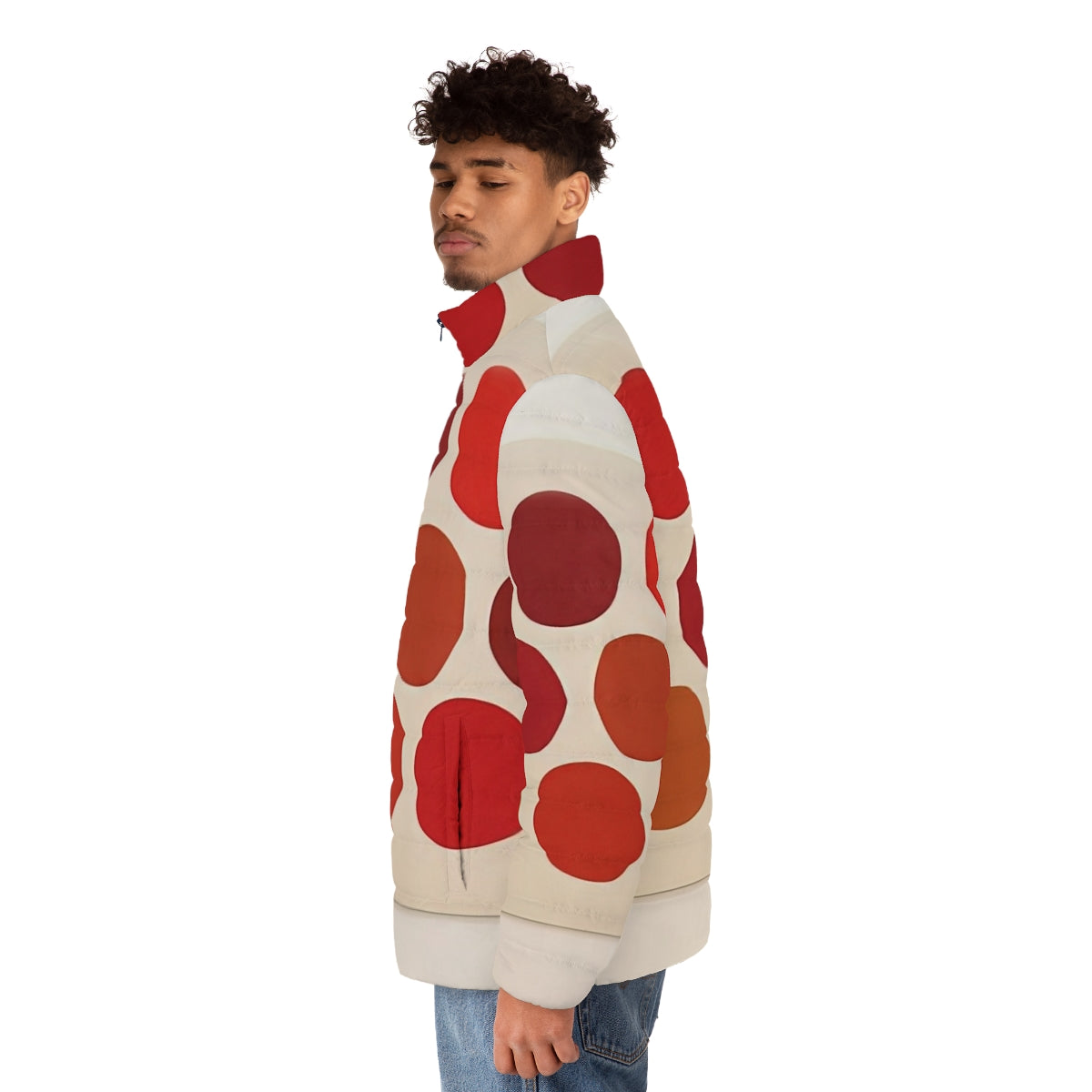 Red puffer jacket with vibrant dot patterns, designed by American artist Thomas Downing - men side left