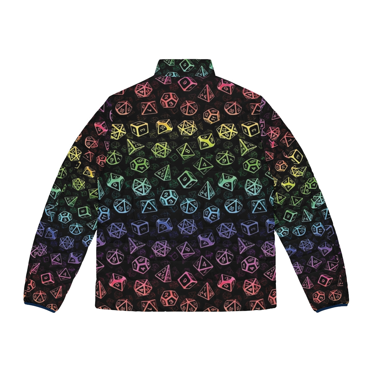 Rainbow-colored d20 dice pattern puffer jacket for tabletop RPG fans - Back