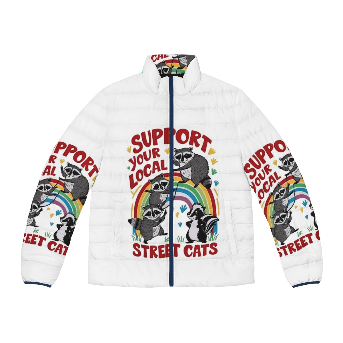 Retro-style puffer jacket with a graphic of street cats in a gang