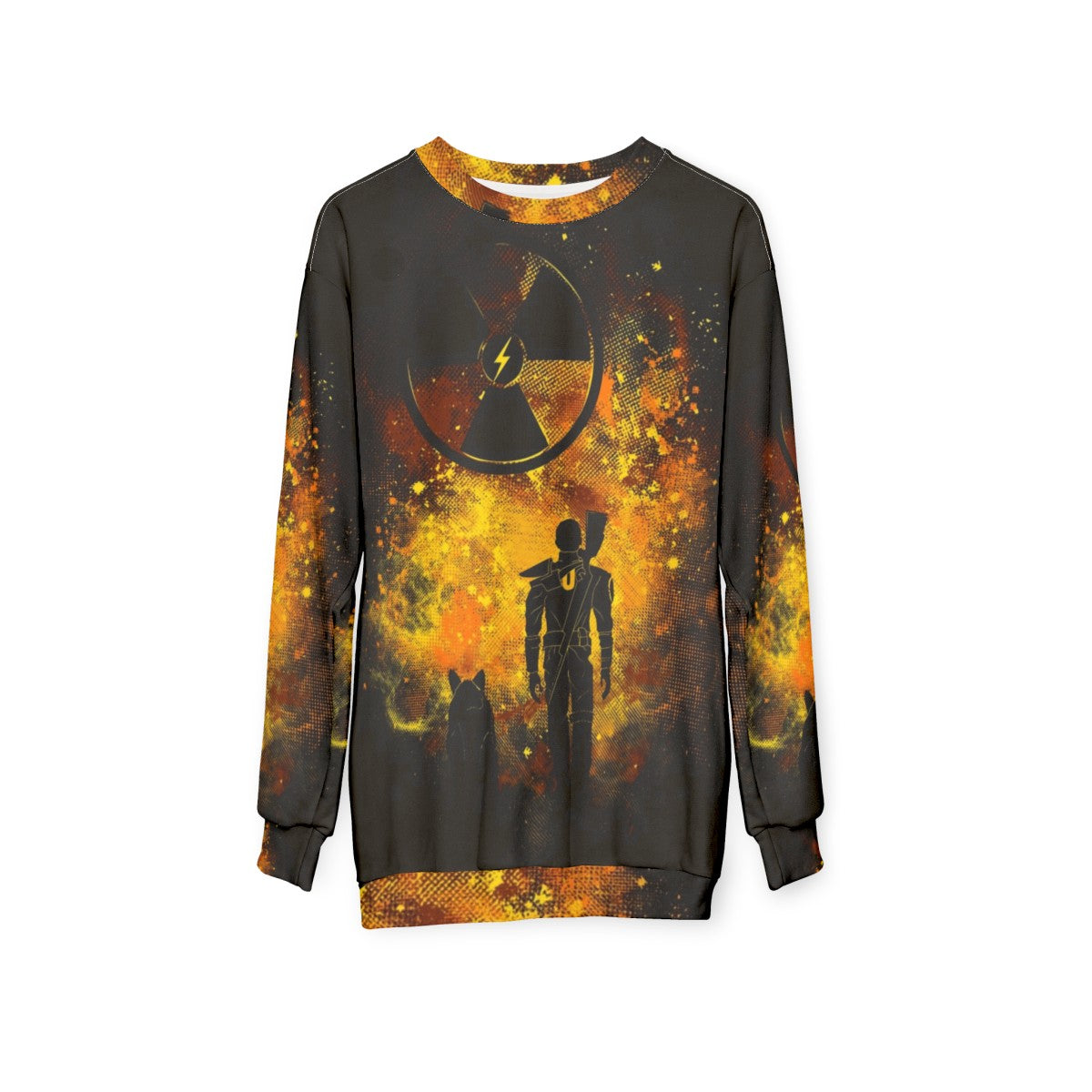 Fallout-themed sweatshirt with post-apocalyptic wasteland artwork - hanging