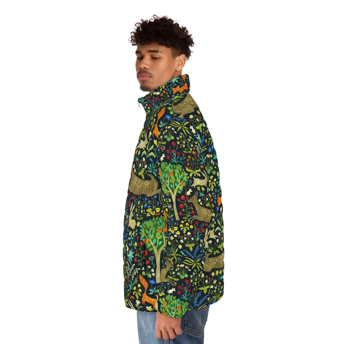 Arazzo Medievale Puffer Jacket featuring medieval and nature-inspired designs - men side left