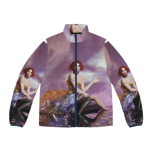 Iridescent puffer jacket with ethereal, ambient, and trans-inspired design