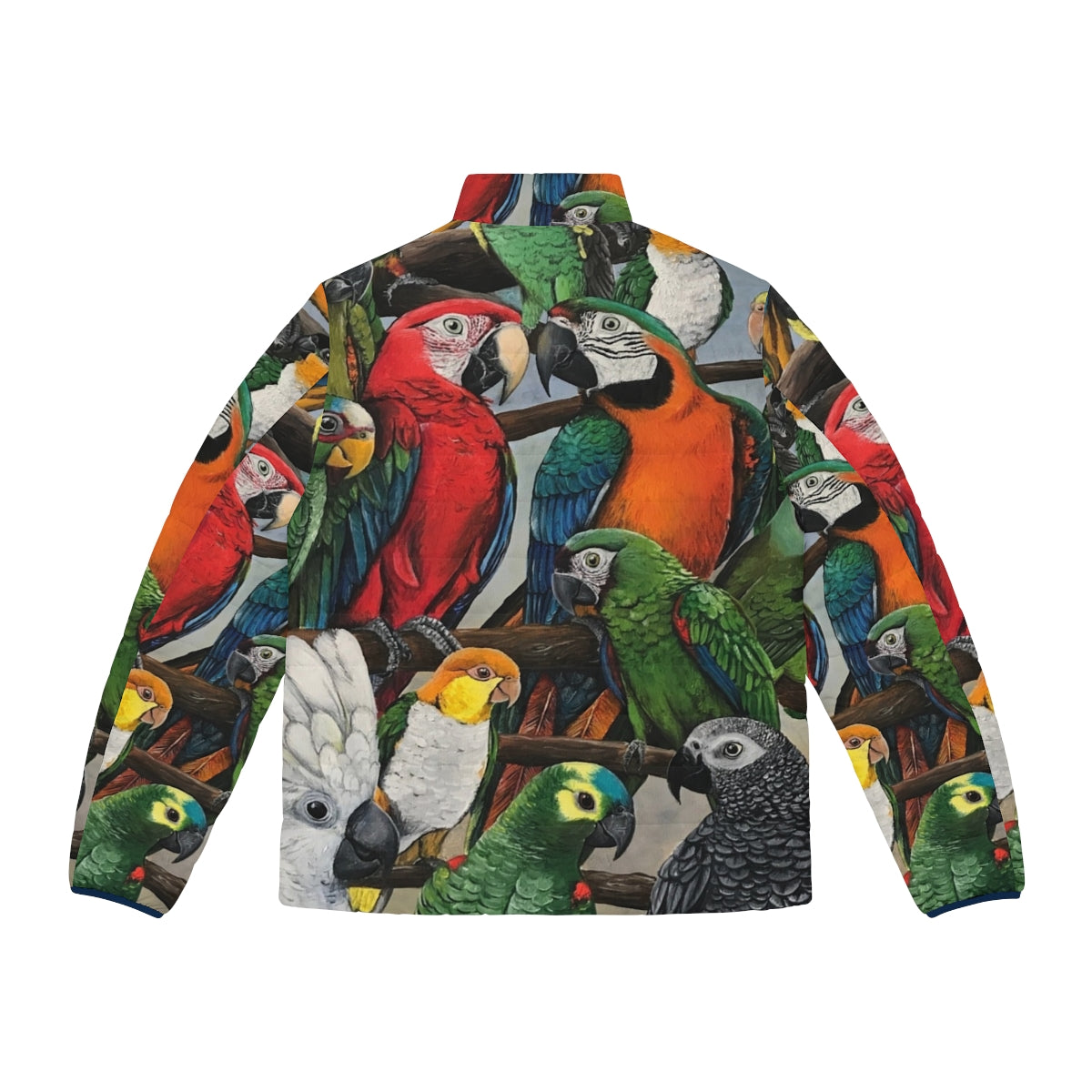 Exotic bird puffer jacket with vibrant bird designs - Back