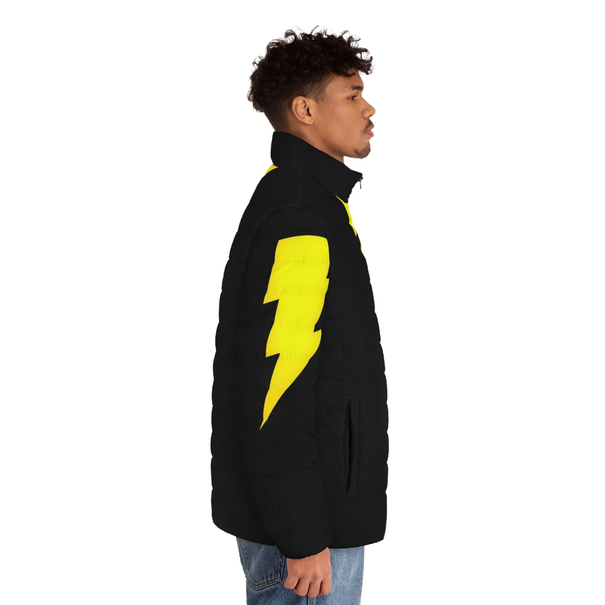 Black Adam superhero character wearing a black puffer jacket - men side right