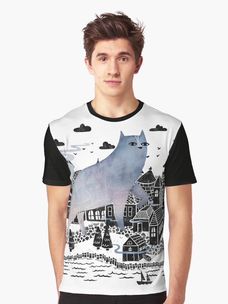 Fog graphic t-shirt with watercolor landscape inspired by Carl Sandburg's poetry - Men