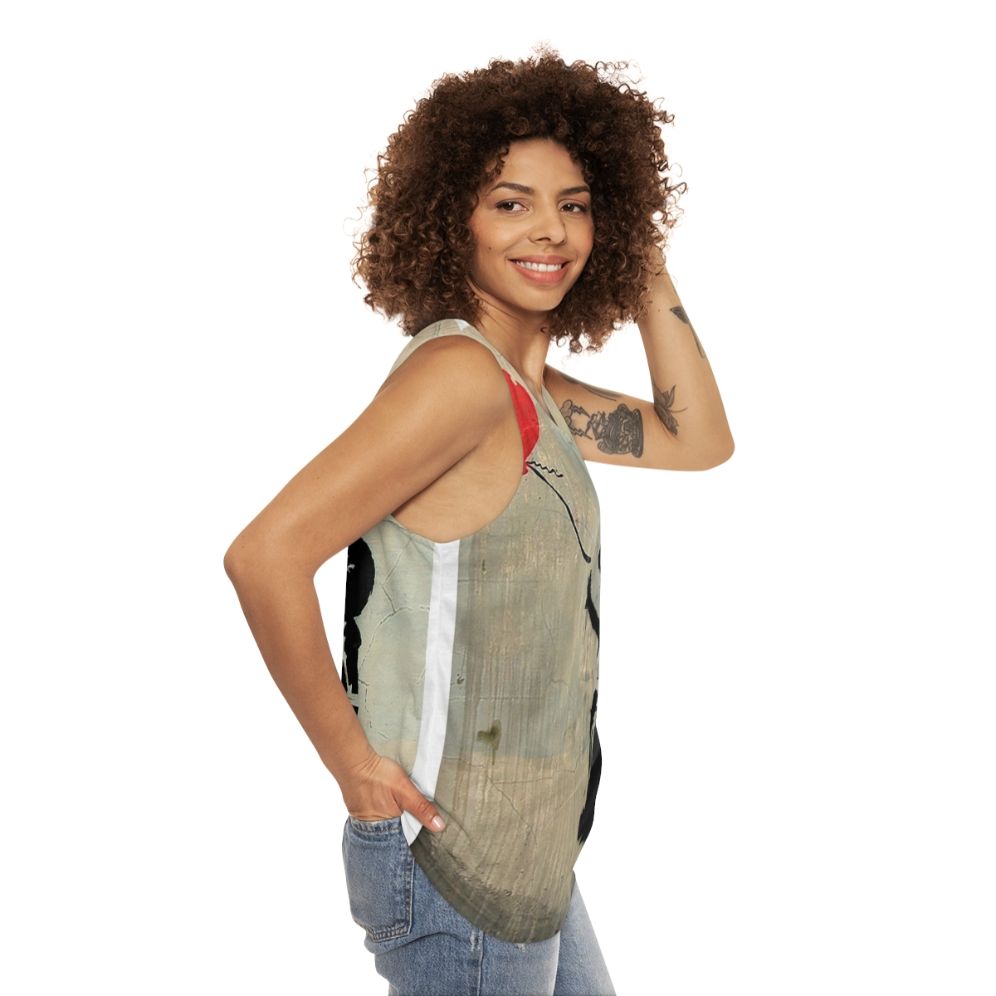 Banksy-inspired red tank top with heart balloon graphic - women side