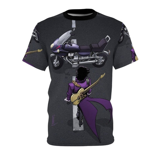 Unisex t-shirt featuring a vibrant motorcycle, guitar, and purple-themed design inspired by manga and anime art.