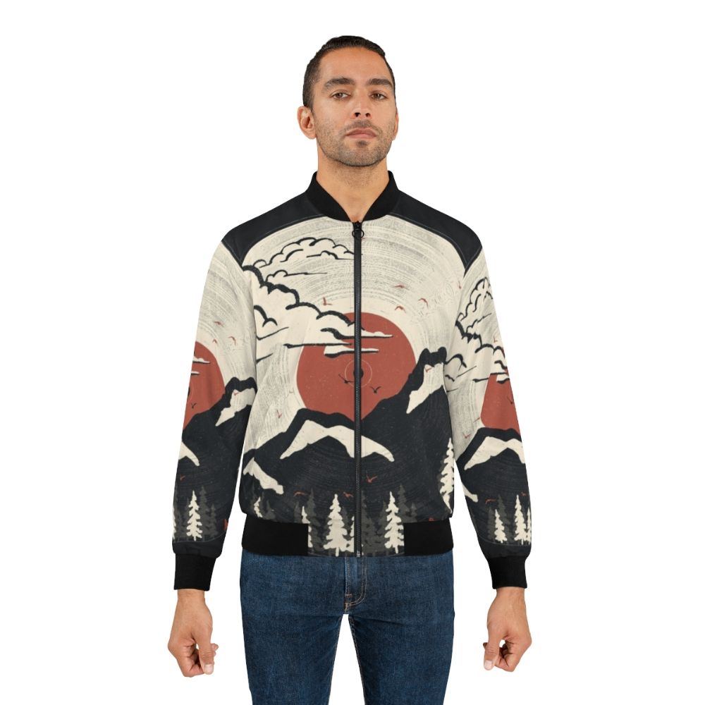 Mountain and nature-inspired bomber jacket with music and vinyl record elements - Lifestyle