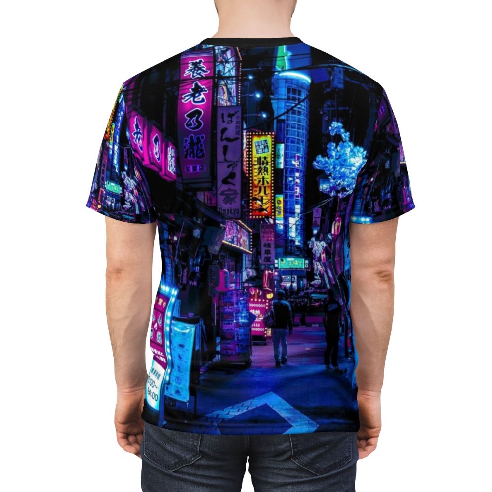 Cyberpunk-inspired t-shirt with a neon graphic of an alley in Tokyo, Japan. - men back