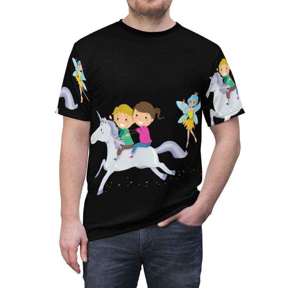 Model wearing a t-shirt featuring a design of fantasy animals, mythical creatures, and legendary beasts. - men front