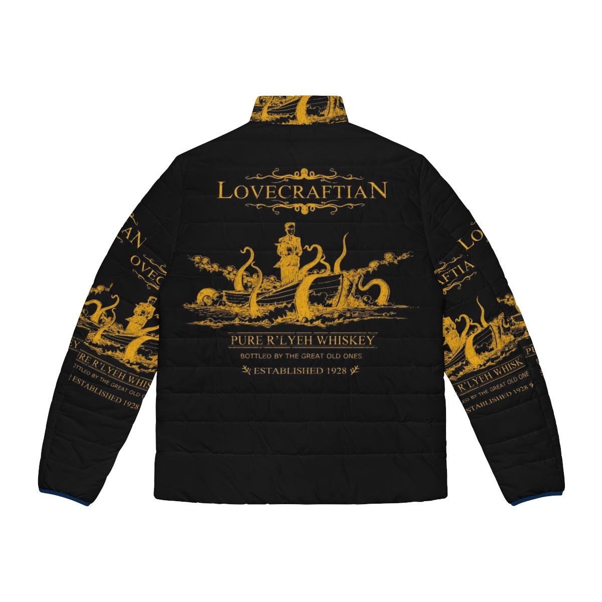 Lovecraftian puffer jacket with R'lyeh whiskey design, inspired by H.P. Lovecraft's Cthulhu mythos - Back