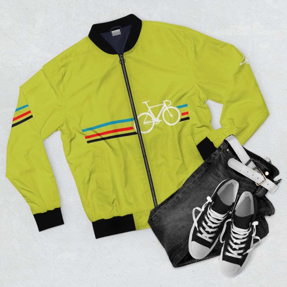 Retro Velodrome Cycling Bomber Jacket with Bike and Bicycle Design - Flat lay