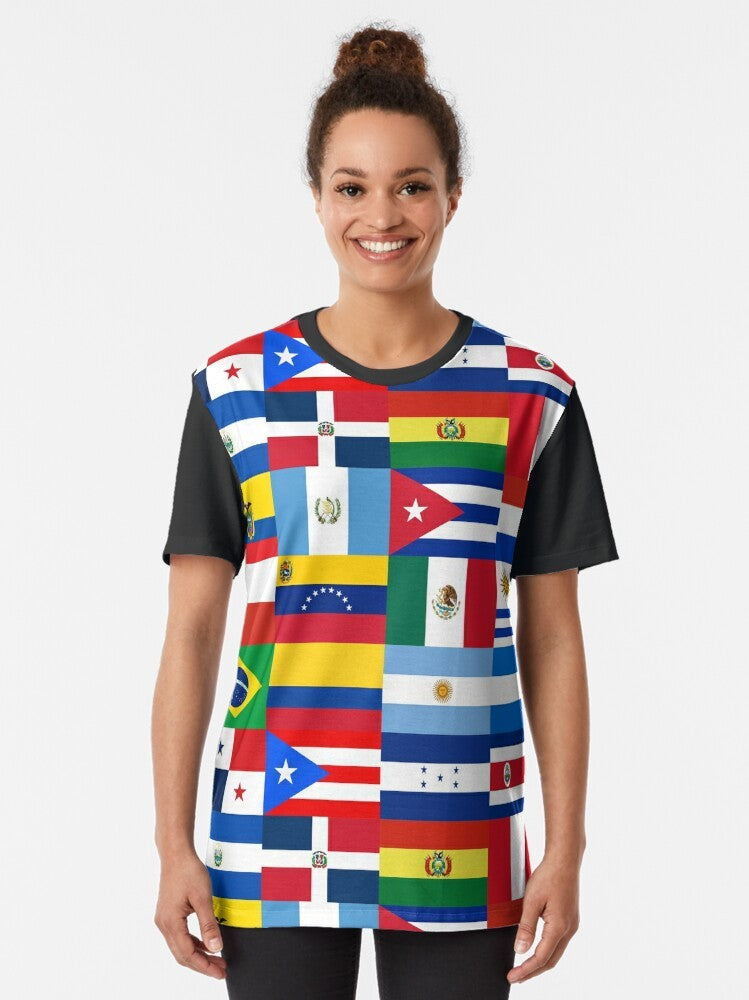 Flags of Latin America Graphic T-Shirt featuring the national flags of various Latin American countries - Women