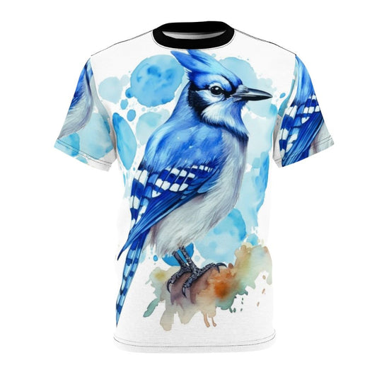 Watercolor illustration of a vibrant blue jay bird on a t-shirt