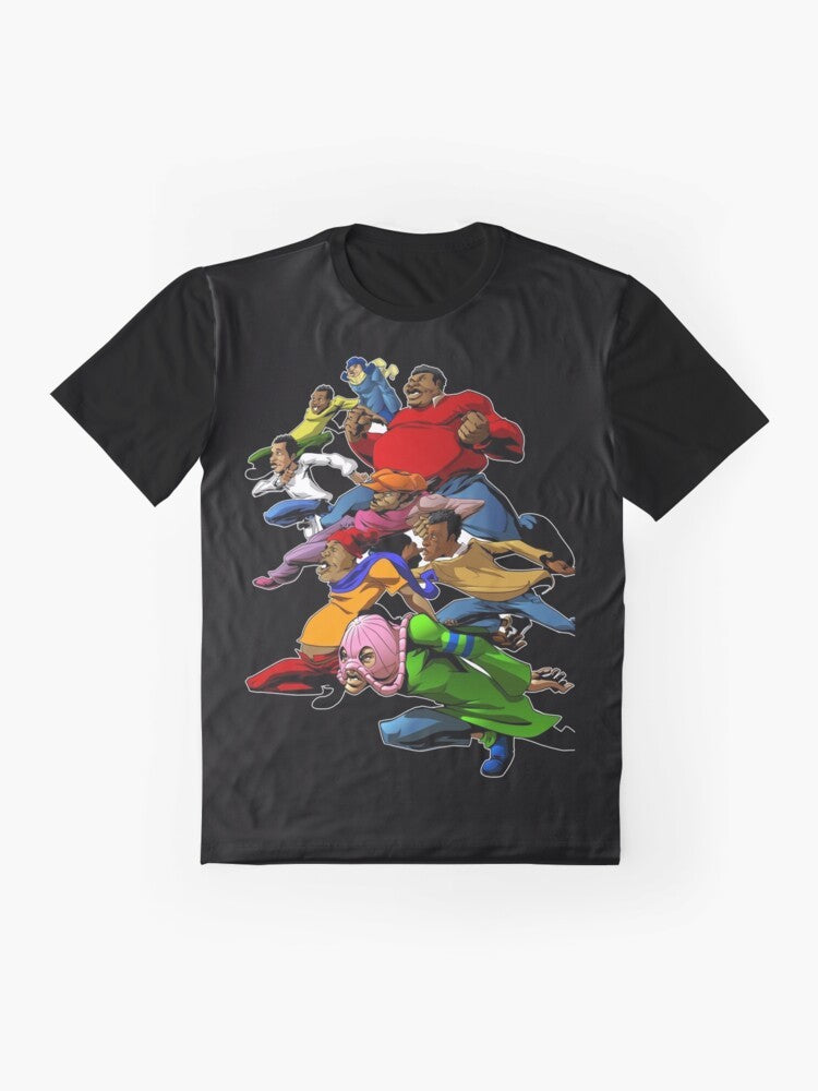 Vintage Fat Albert and the Gang cartoon characters on a graphic t-shirt - Flat lay