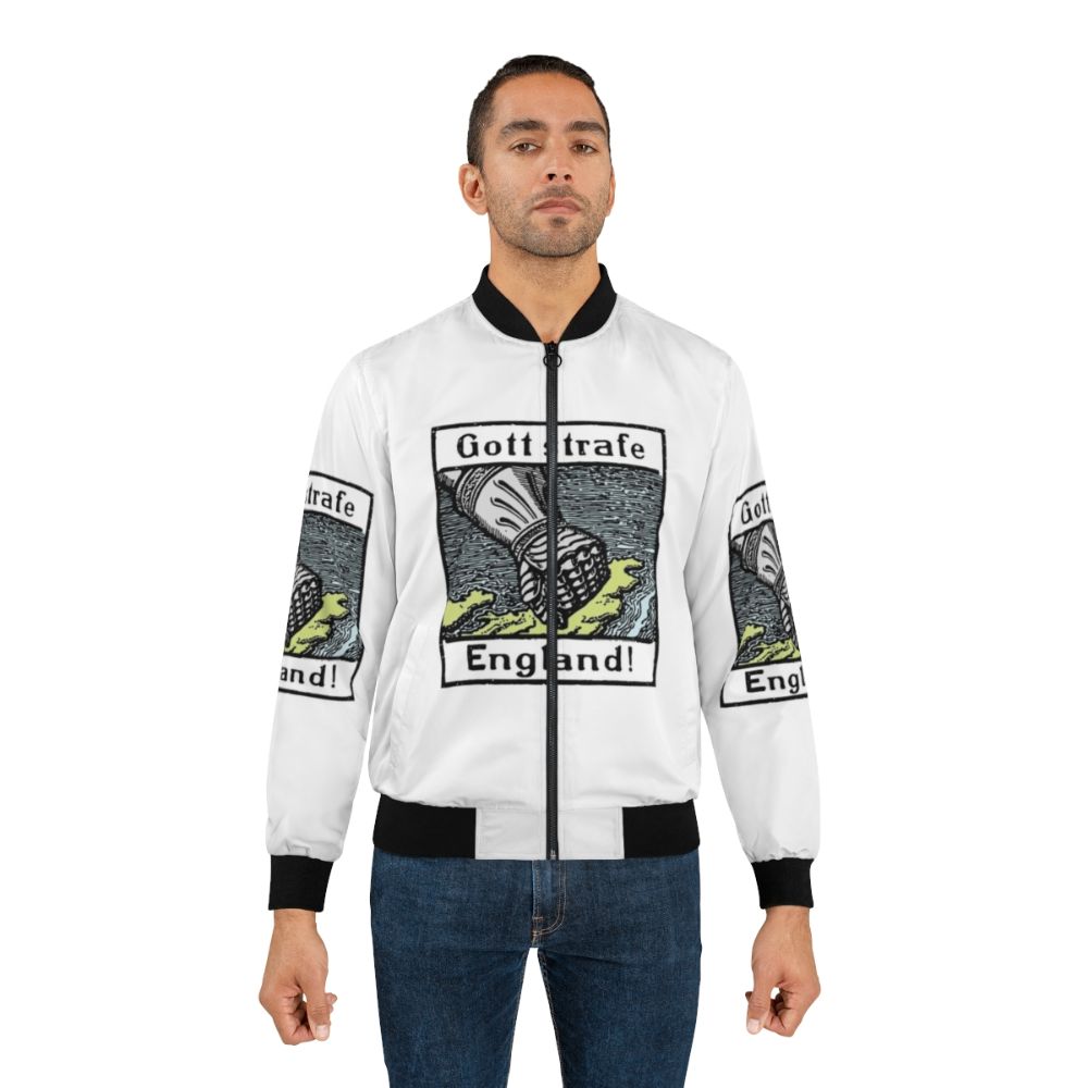 Patriotic German bomber jacket with "Gott strafe England!" text - Lifestyle