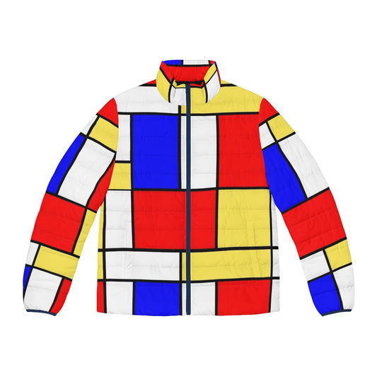 Mod 60s Mondrian-inspired puffer jacket with vibrant abstract color block design