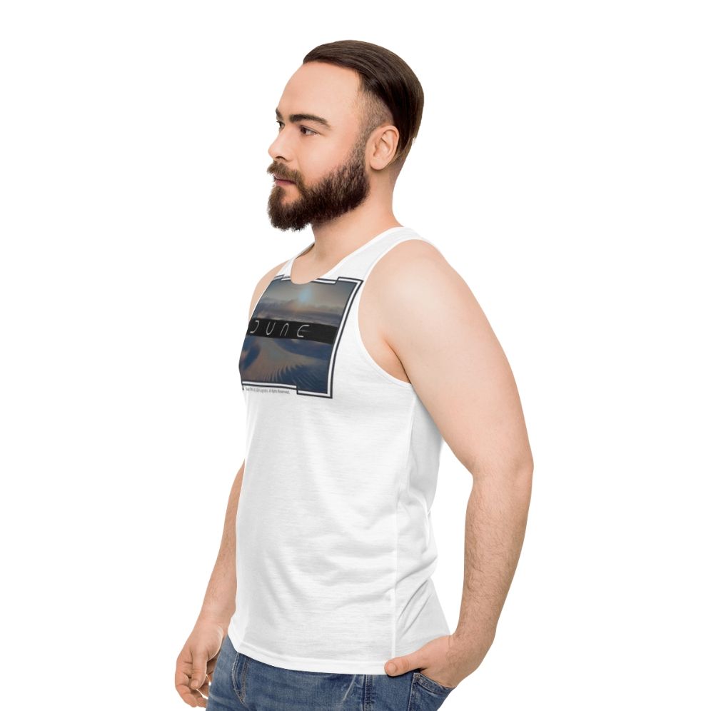 Dune-inspired unisex tank top with white background - men side