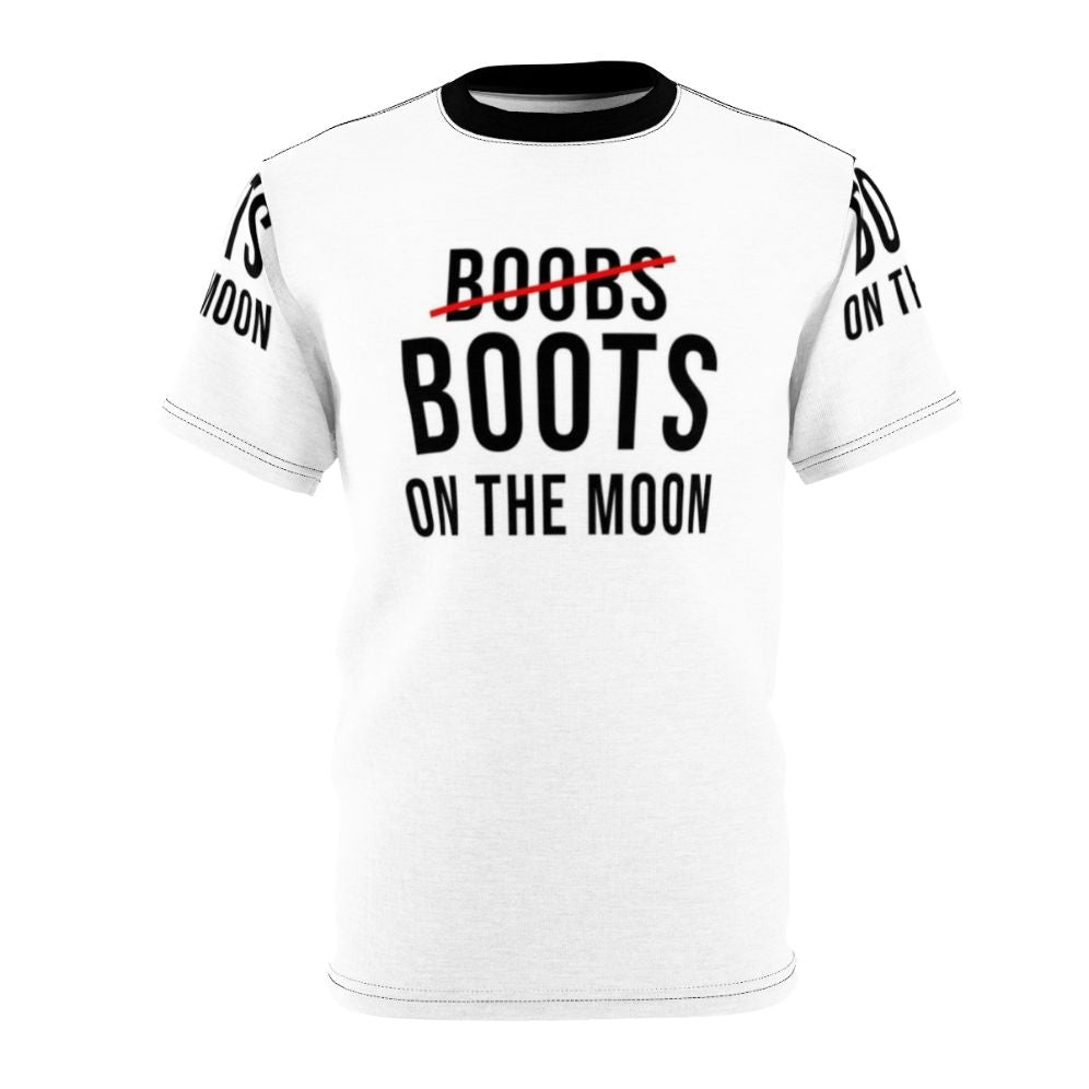 Graphic t-shirt design featuring an out-of-this-world image of boobs and boots on the moon