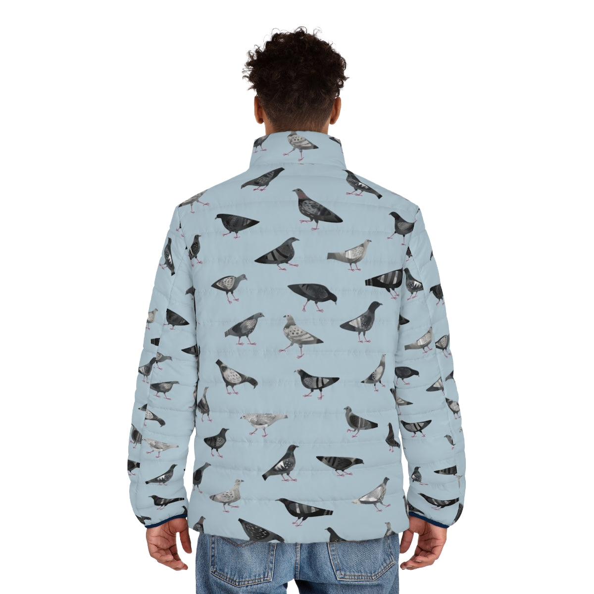 Puffer jacket with a repeating pattern of pigeons and doves in shades of gray - men back