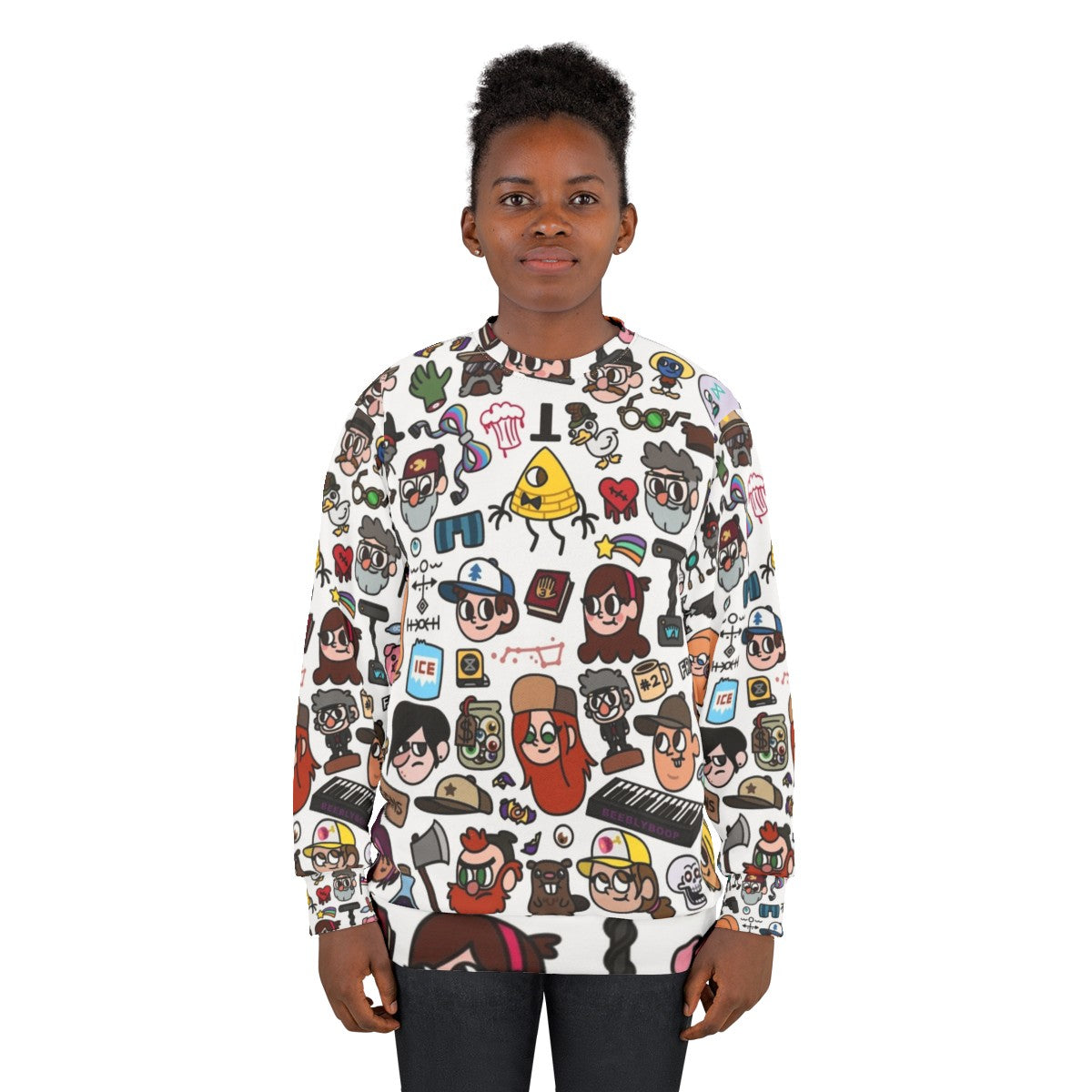 Gravity Falls Doodle Sweatshirt featuring characters Dipper, Mabel, and Bill Cipher - women