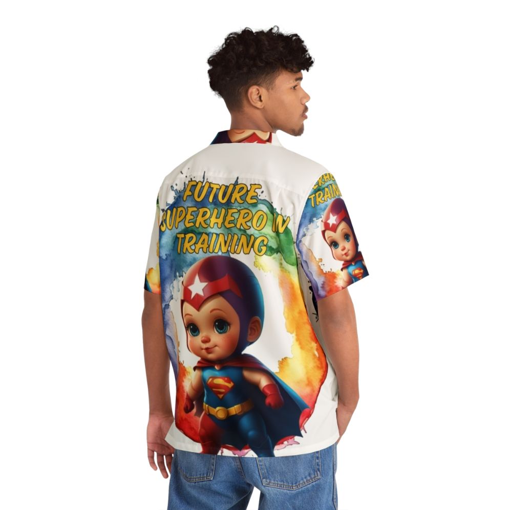 kid wearing blue hawaiian shirt with superhero graphic - People Back