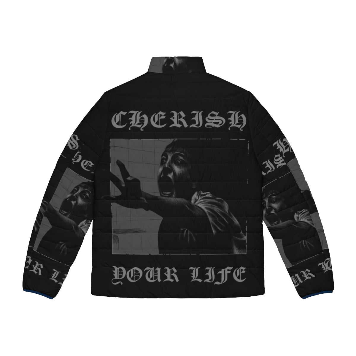 Cherish Your Life Puffer Jacket - Goth-inspired winter outerwear - Back