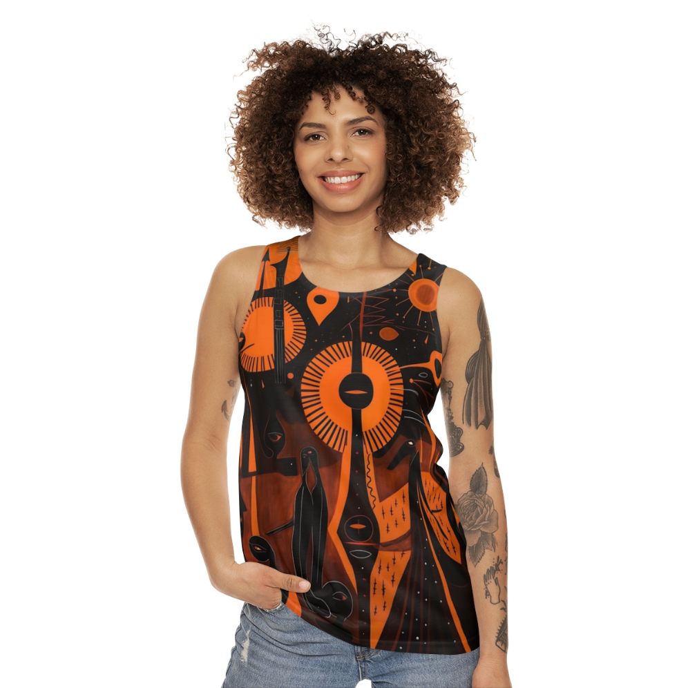 Unisex tank top with nature-inspired woodcut artwork featuring ancient spiritual symbols - women