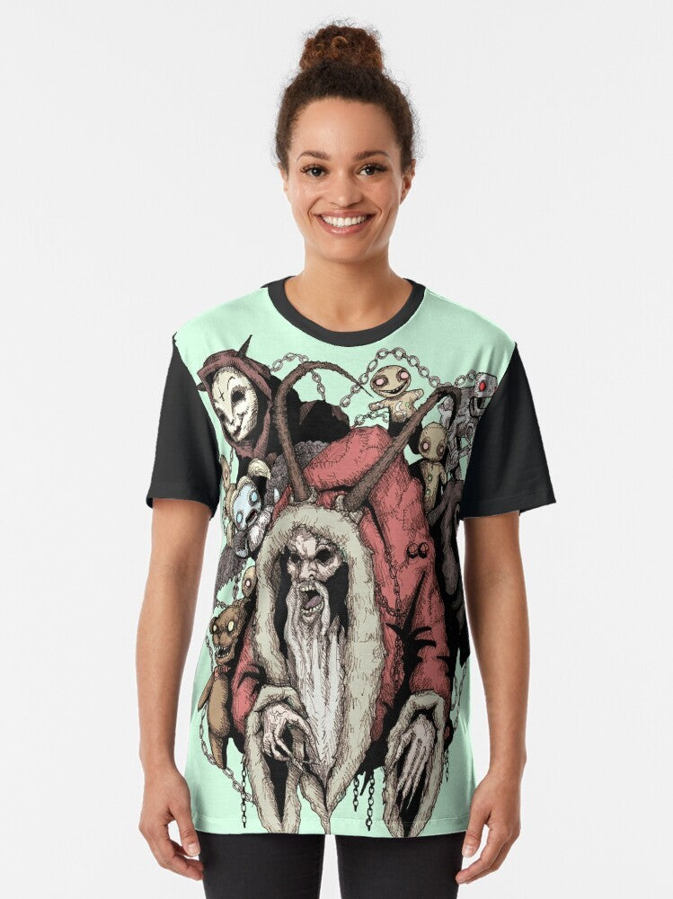 Krampus horror graphic t-shirt featuring a dark, gothic design of the mythical Christmas demon - Women