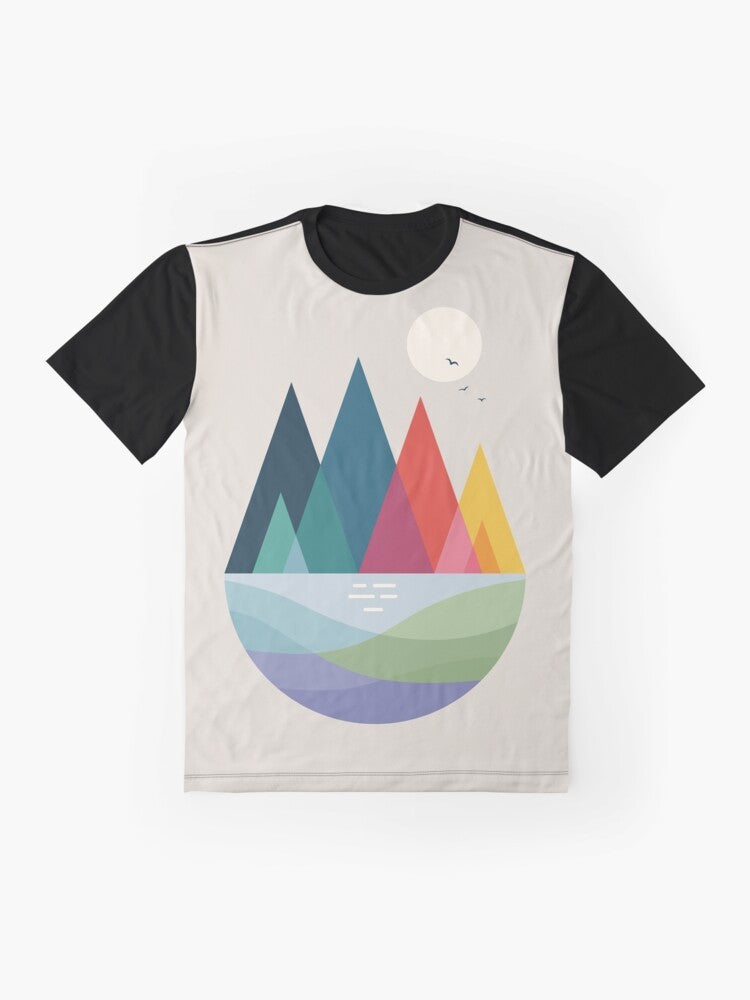 Vibrant and colorful graphic t-shirt featuring a landscape dream with a rainbow and geometric elements - Flat lay