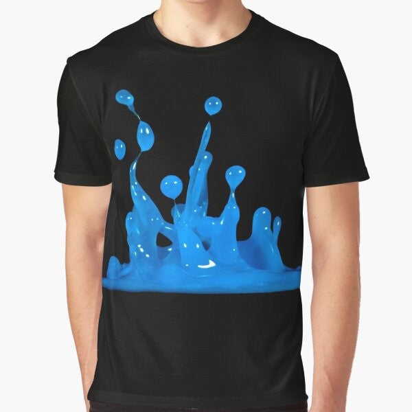 Blue abstract water splash graphic design on a white t-shirt