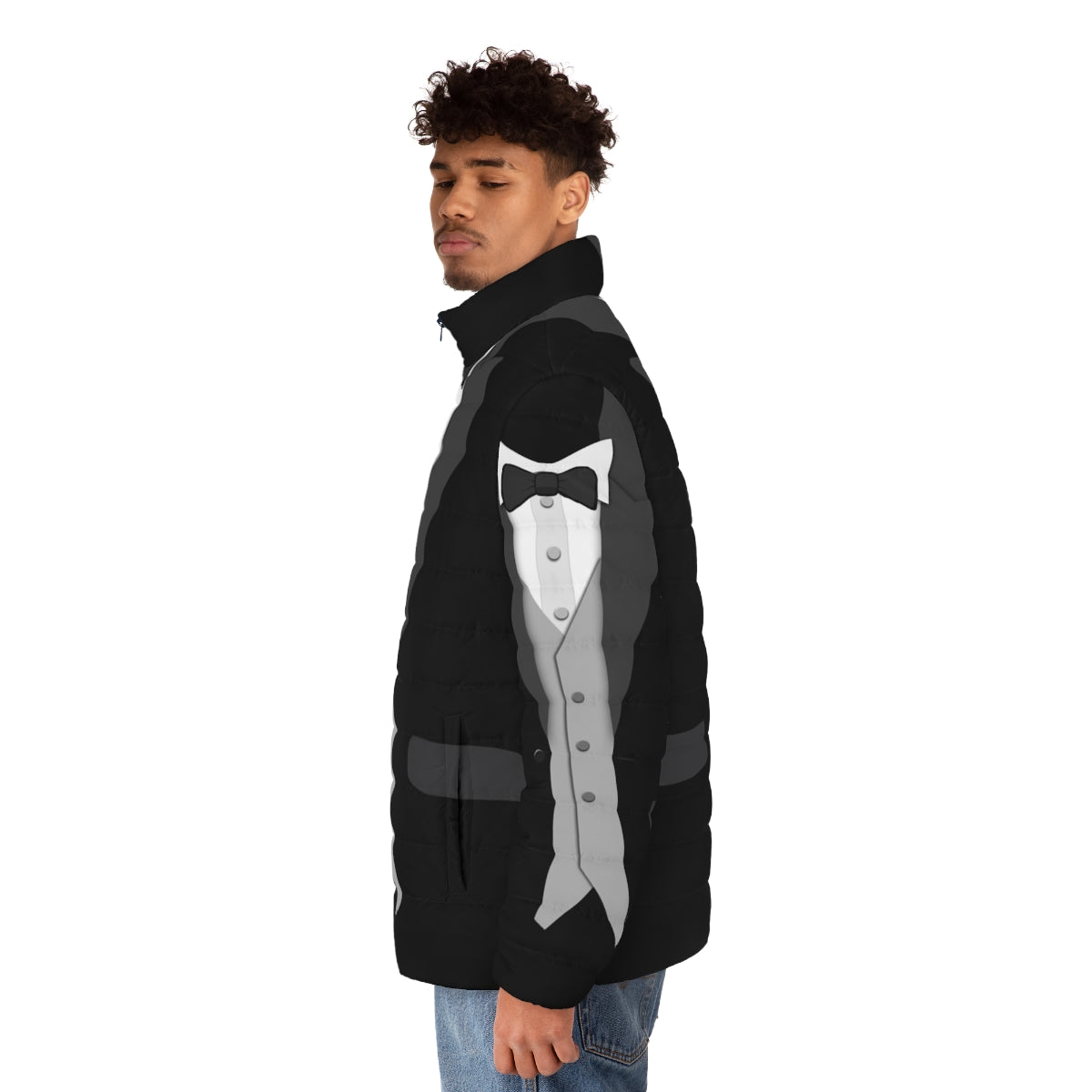 Black tuxedo puffer jacket with bow tie - men side left