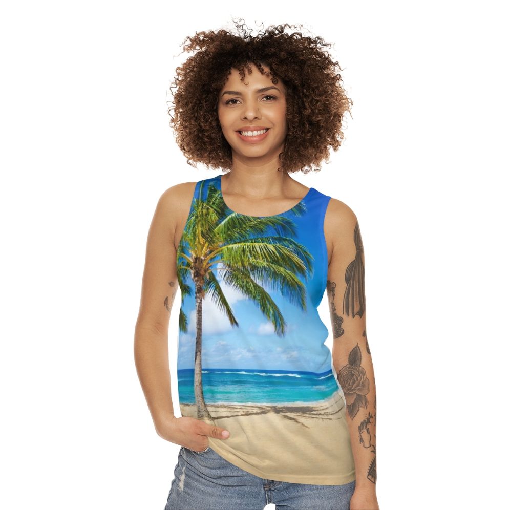 Unisex tank top with palm trees on a sandy beach in Hawaii - women