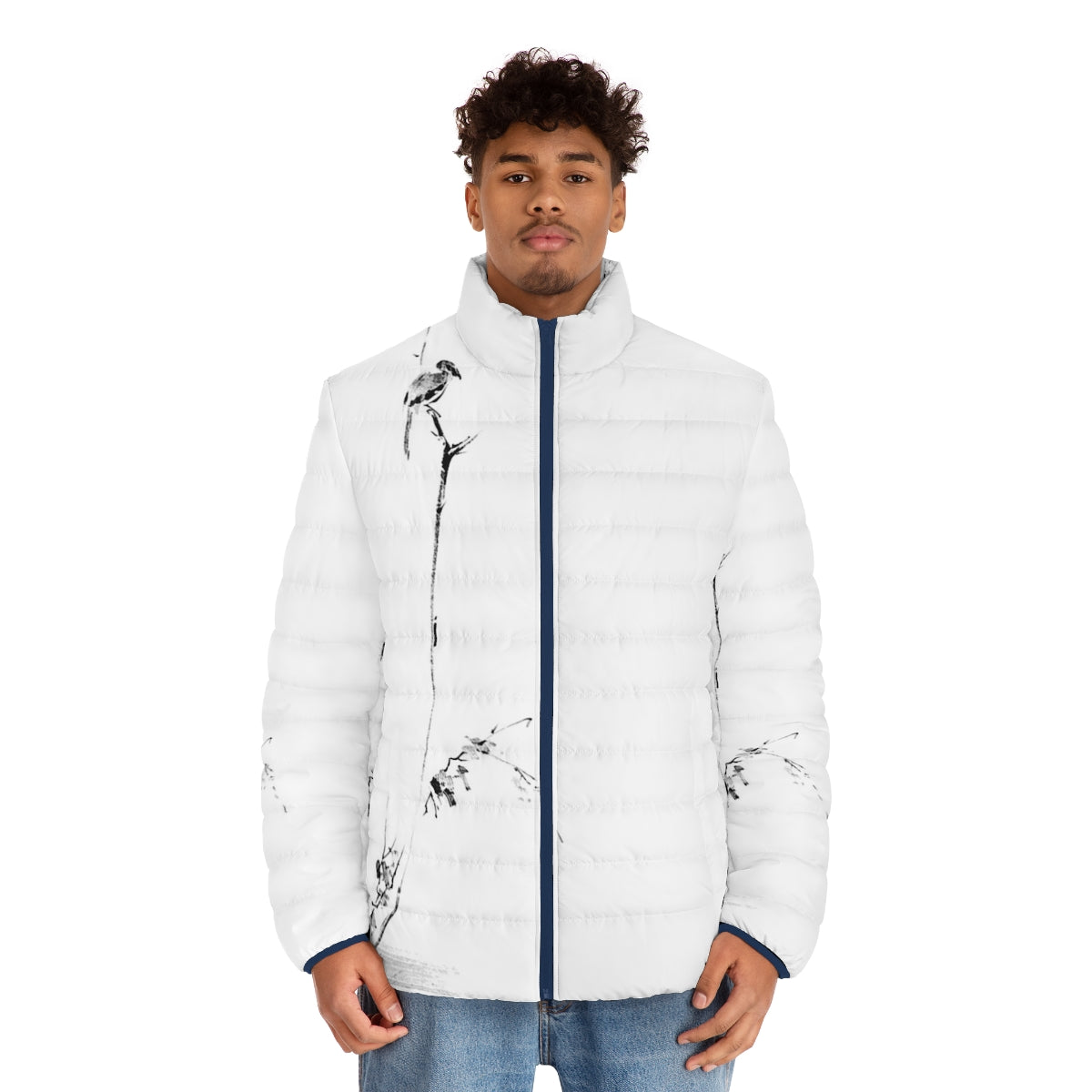 Miyamoto Musashi inspired koboku meikakuzu puffer jacket featuring sumi-e art - men front