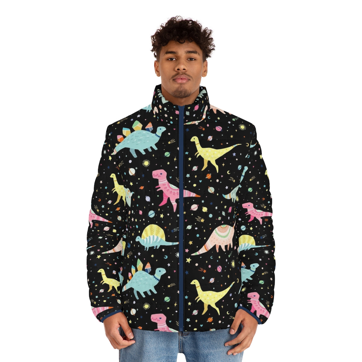 Dinosaur puffer jacket with colorful prehistoric pattern - men front