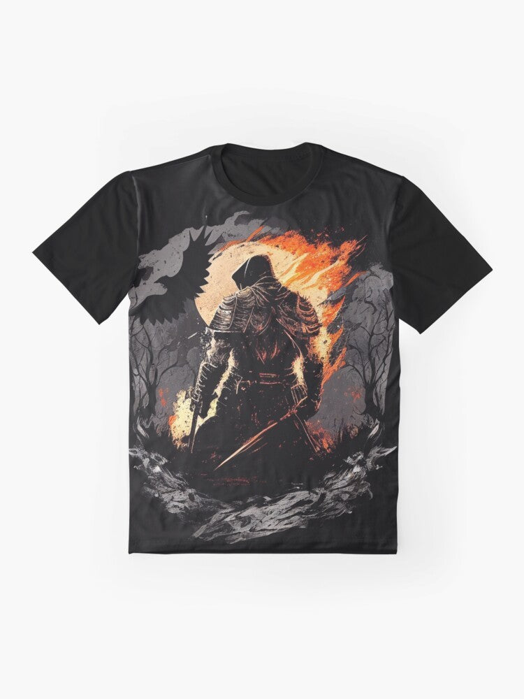 Dark Souls Melancholy Graphic T-Shirt featuring a melancholic design with elements from the Soulsborne series by FromSoftware. - Flat lay