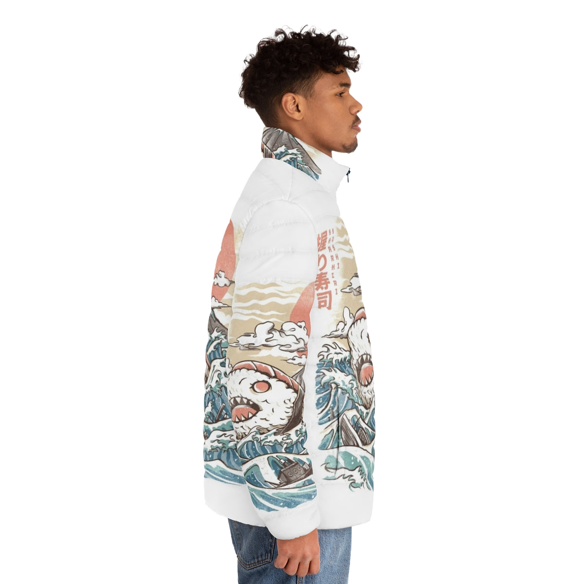 Sharkiri Sushi Puffer Jacket with anime-inspired sushi and shark design - men side right