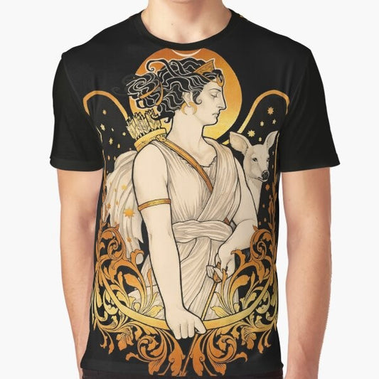 Artemis, the Greek goddess of the hunt, depicted in a stylized, artistic graphic t-shirt design featuring filigree, stars, and empowering feminine imagery.