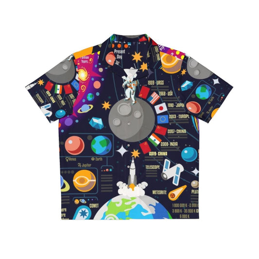 Space-themed Hawaiian shirt with infographic design of the universe, big bang, planets, and celestial elements