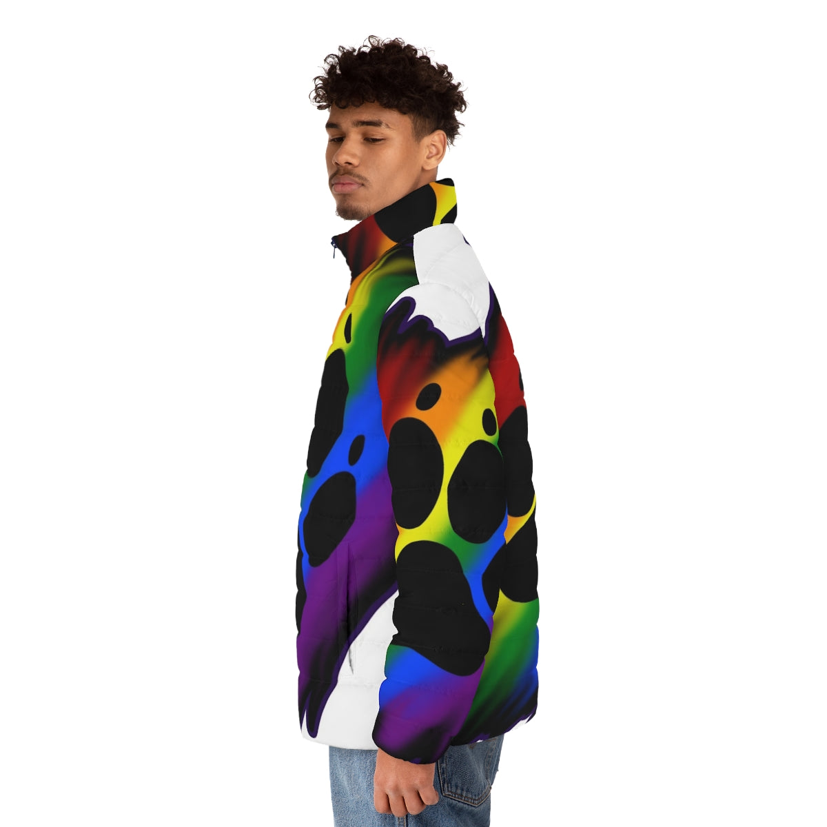 Colorful and cozy rainbow puffer jacket with animal paw design - men side left