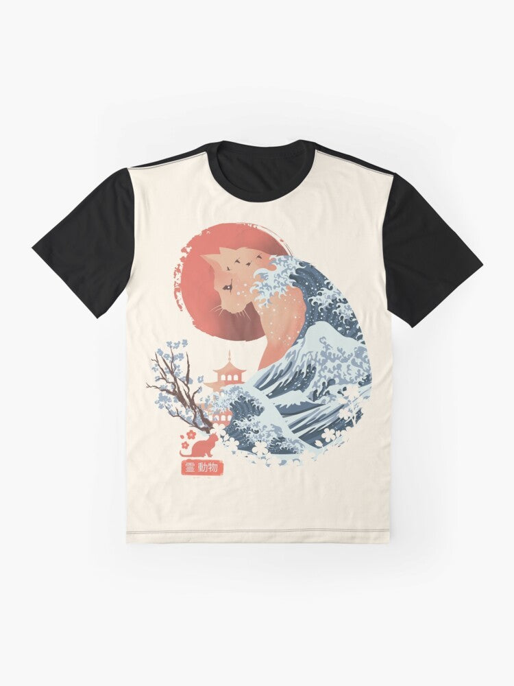 Anime-style cat graphic illustration on a t-shirt, featuring a Japanese ukiyo-e inspired cat design. - Flat lay