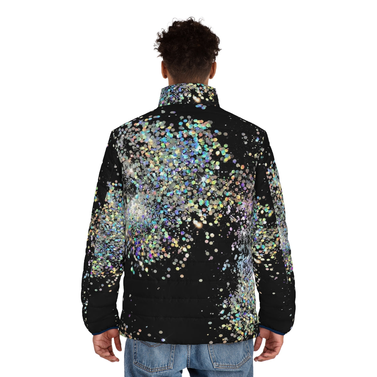 Black and multicolor sequin faux puffer jacket with glitter, ombre, and abstract patterns - men back